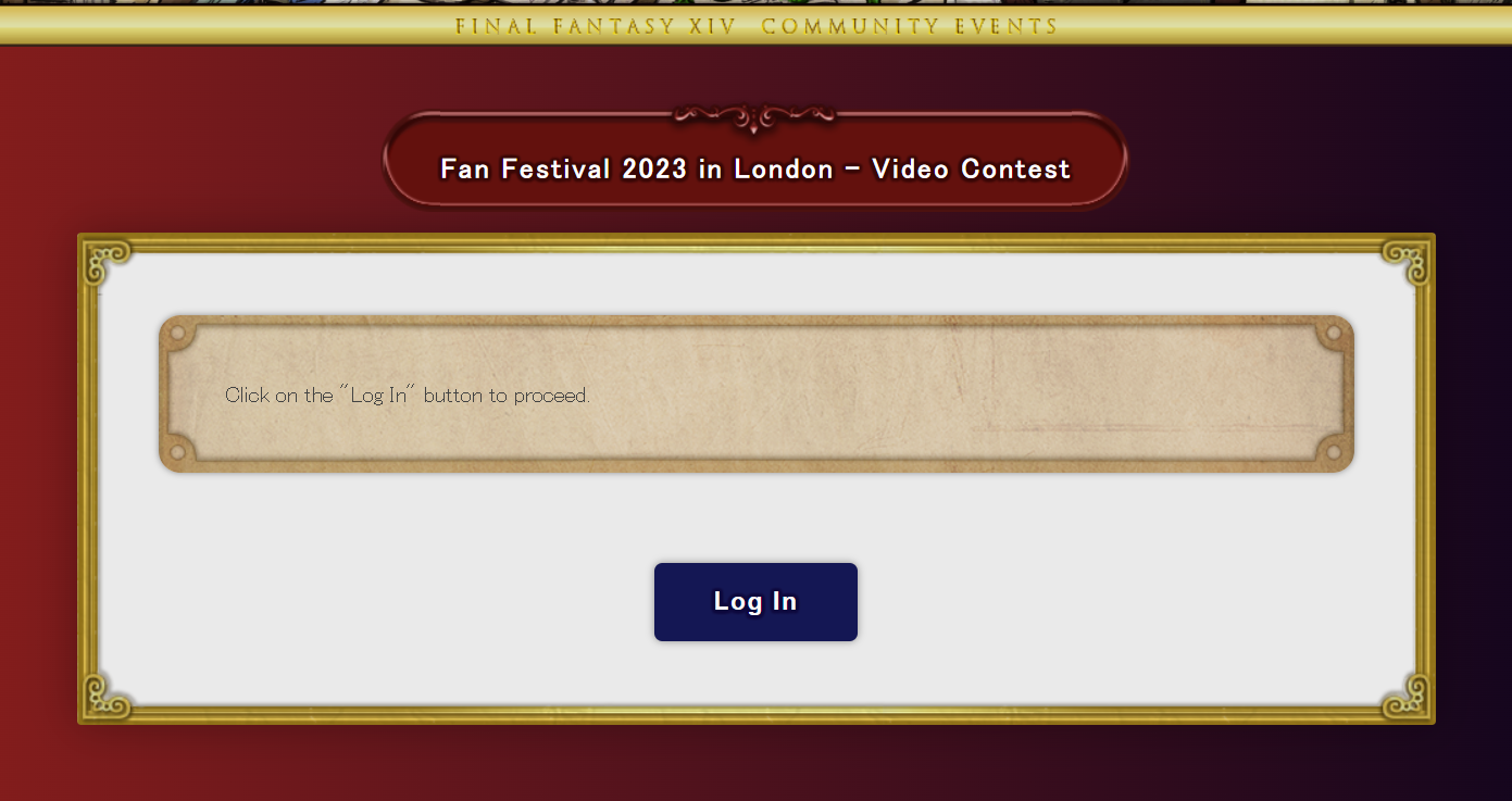 A screenshot of the landing page for the video contest, with the text click the log in button to proceed, and a button saying log in underneath.